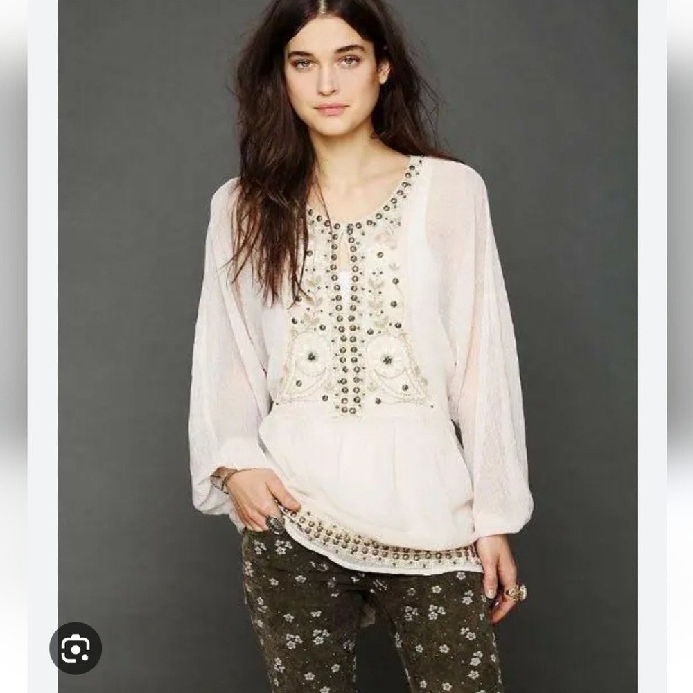 Free People Cream Embroidered Beaded Blouse